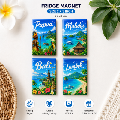 Fridge Magnet Wisata Indonesia Set 4 PCS | Magnet Kulkas Bali Lombok Papua Maluku | Souvenir Travel Aesthetic 2x3 Inch